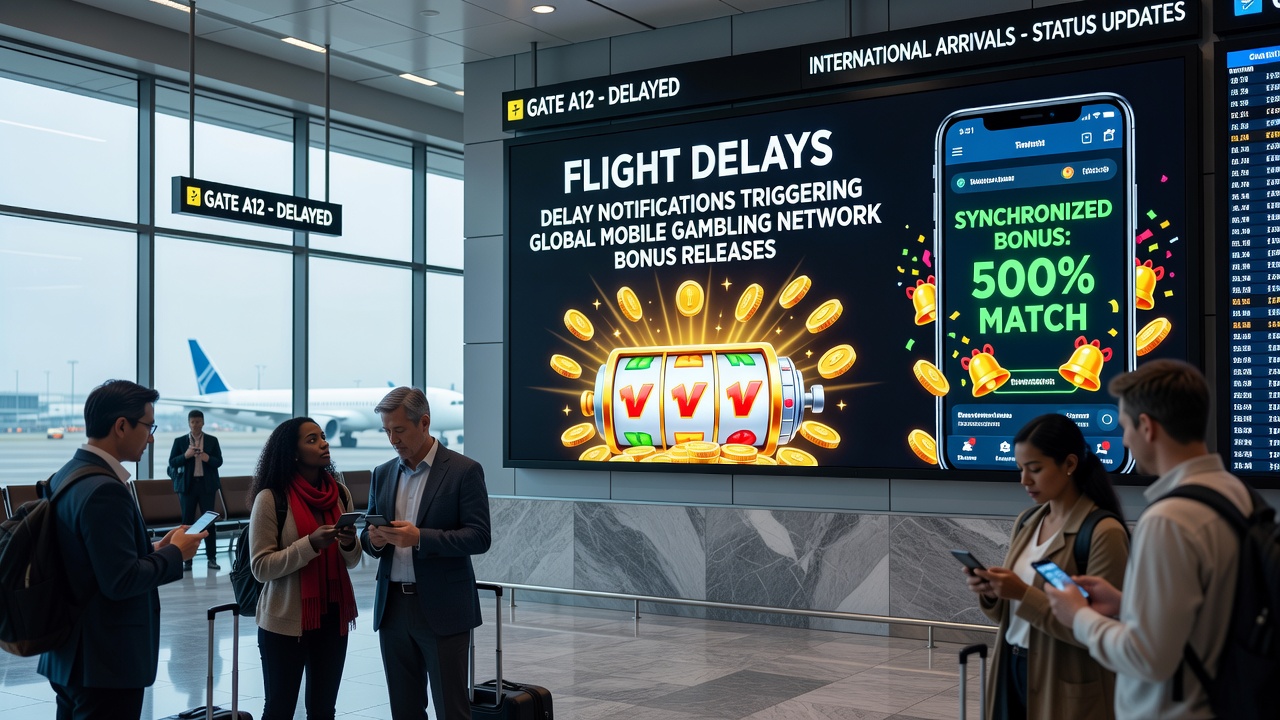 Mobile Geräte in einer Flughafenlounge mit synchronisierten Bonusbenachrichtigungen auf dem Bildschirm