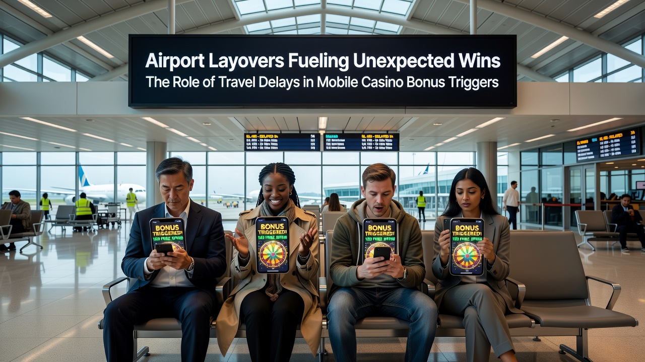 Reisende in einer Flughafenlounge mit Smartphones und Tablet-Geräten während einer Verspätung