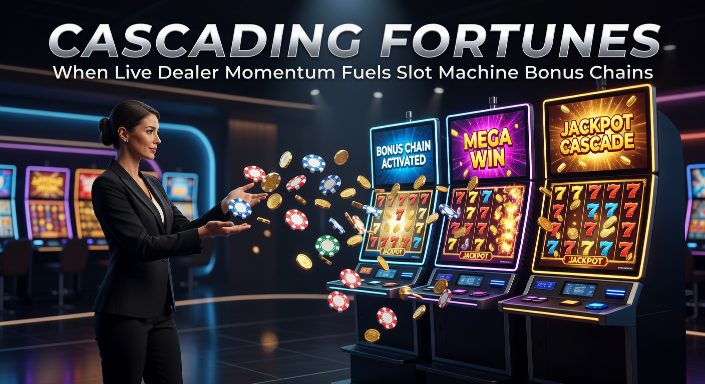 Ein dynamischer Live-Dealer-Tisch, auf dem Karten fliegen, während im Hintergrund Slot-Maschinen mit leuchtenden Bonus-Rädern blinken und eine Kette von Gewinnen andeuten