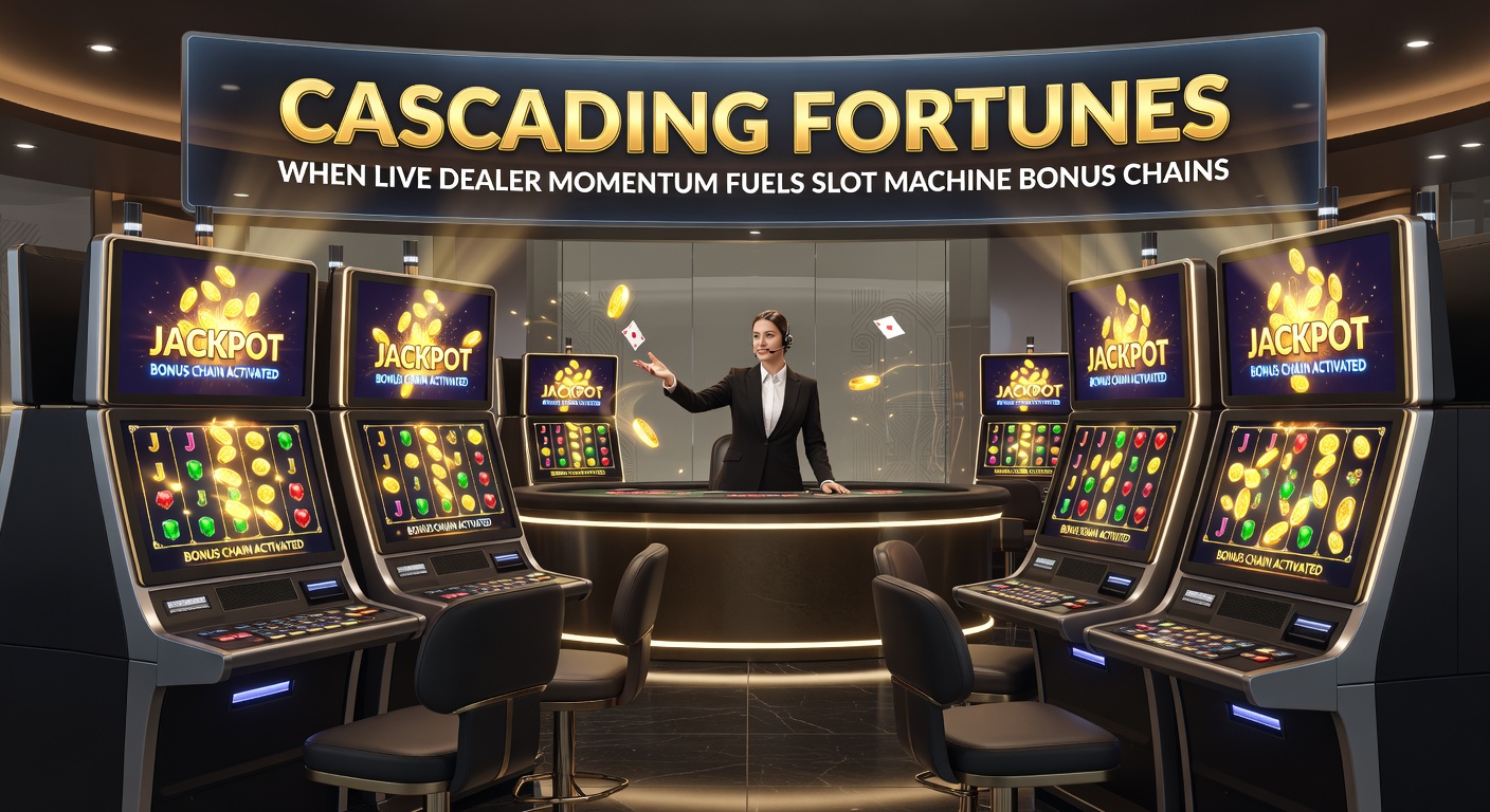 Slot-Maschine explodiert in einer Bonus-Kette mit fallenden Symbolen und Multiplikatoren, während ein Live-Dealer-Feed im Split-Screen läuft und den Übergang vom Tisch zur Maschine visualisiert