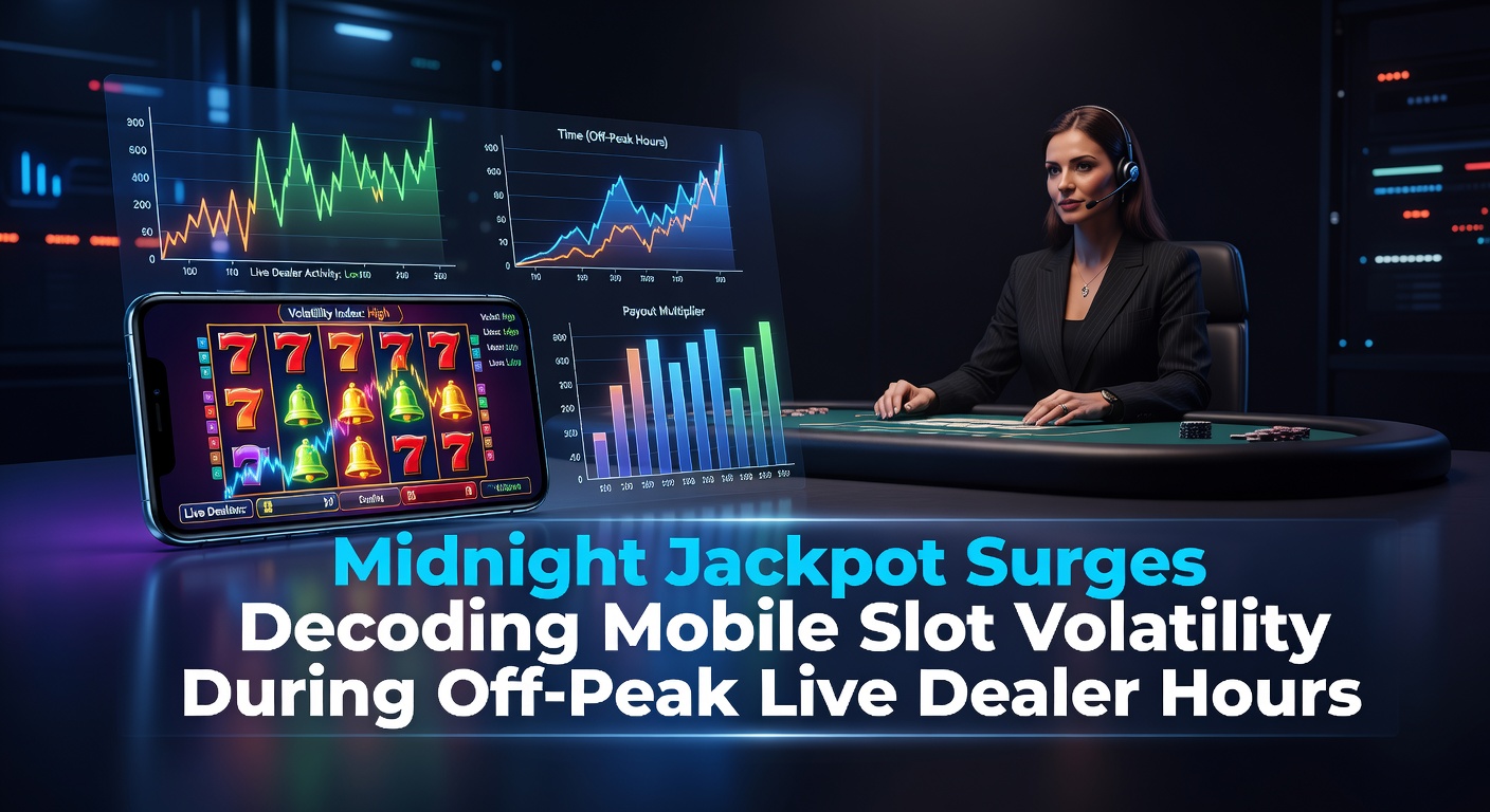 Ein mobiles Slot-Spiel leuchtet in der nächtlichen Dunkelheit mit aufsteigenden Jackpot-Symbolen und einem Live-Dealer im Hintergrund, der die ruhigen Off-Peak-Stunden symbolisiert