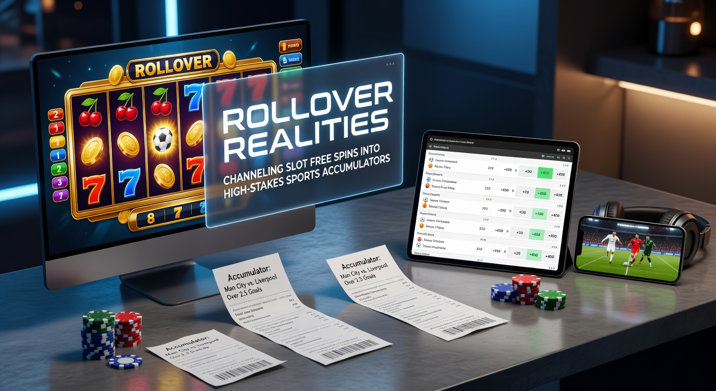 Grafik zeigt einen Spieler, der Free-Spin-Gewinne von Slots in einen Sportwetten-Akkumulator umwandelt, mit Rollover-Bedingungen im Hintergrund