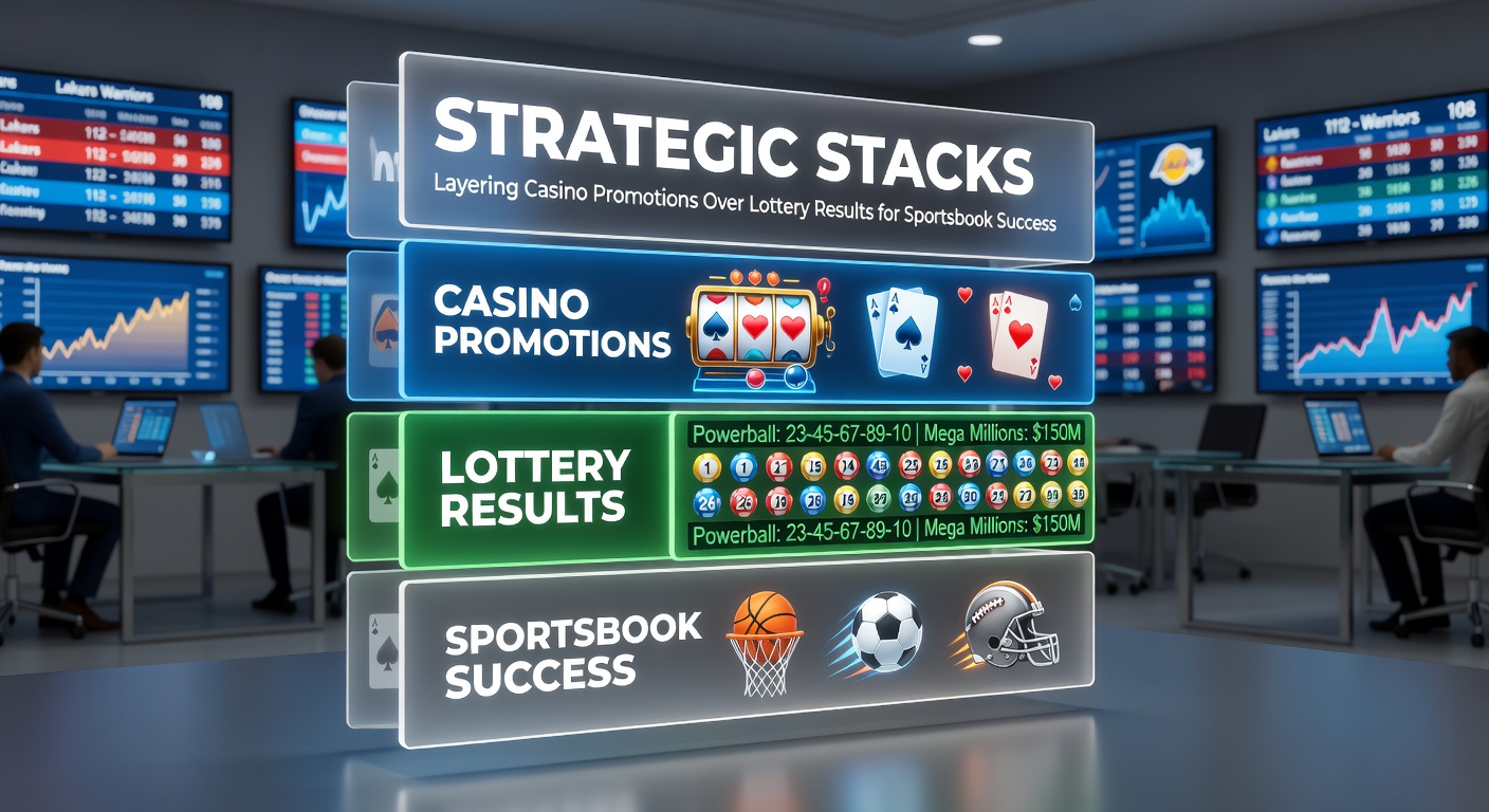 Grafik zeigt gestapelte Casino-Boni über Lotterie-Charts und Sportwetten-Tabellen, die Erfolgsströme visualisieren