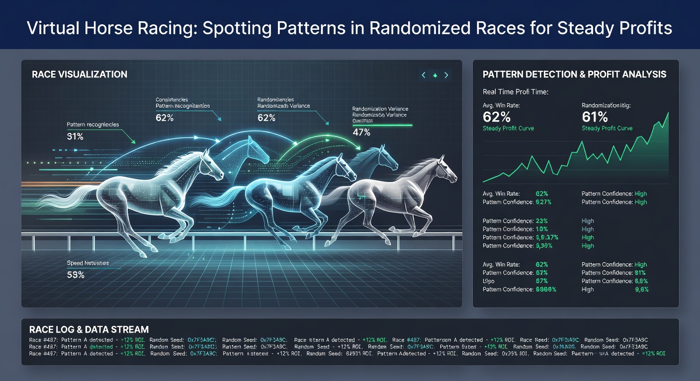 Virtuelles Pferderennen mit galoppierenden Pferden auf einem digitalen Rennbahnbildschirm, das die Dynamik randomisierter Events einfängt